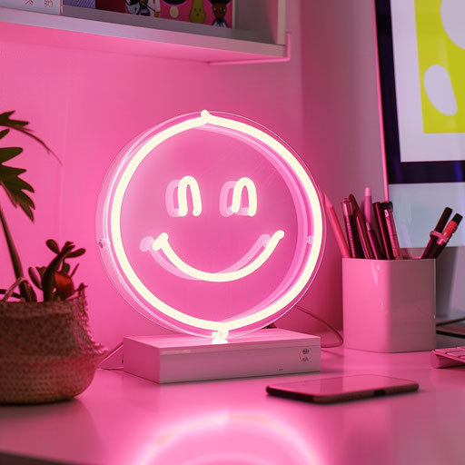 Smiley face emoji in pink neon on a desk