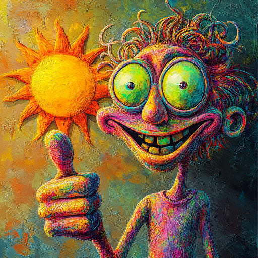 Humorous caricature of a chalk caricature with human characteristics, exaggerated expressive eyes, big hands, next to a smiling sun, vibrant colors, cartoon style, thumbs up, high resolution, no background, isolated