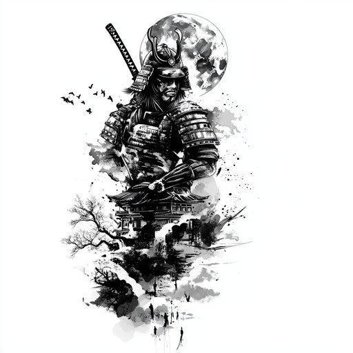 Beautiful flat tattoo sketch of a samurai warrior under full moon