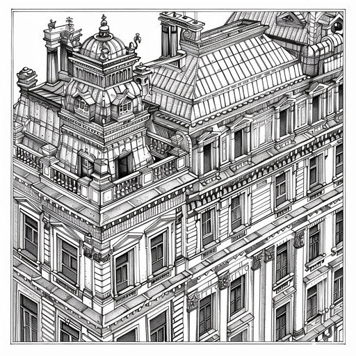 Detailed architectural patterns in the style of Stephen Wiltshire