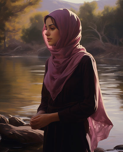 A girl by a river in pink hijab, dark violet and light bronze style
