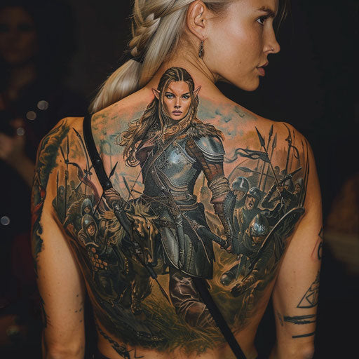 Epic battles and legendary heroines on women's back tattoos
