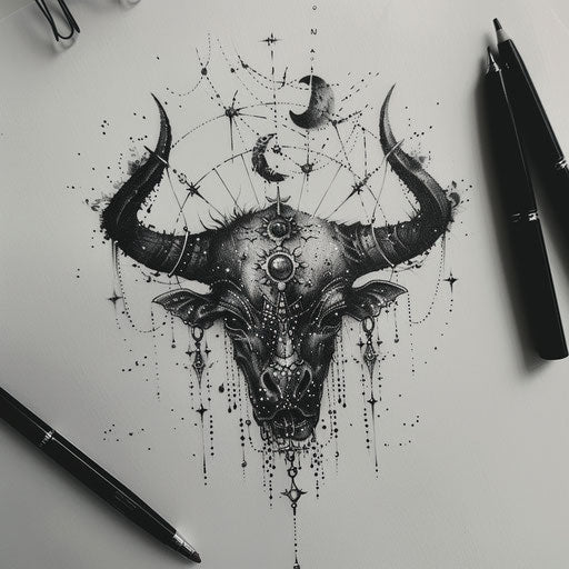 Mysterious sketch of a Taurus constellation with gothic elements and dark colors