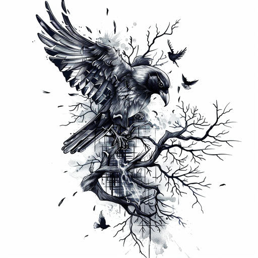 Surreal bird lightning tattoo, black and gray clipart style