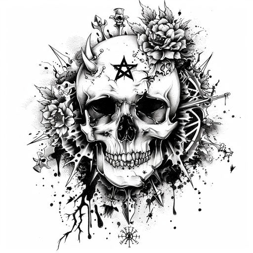 Occult skull tattoo, surrounded by pentagrams and runes