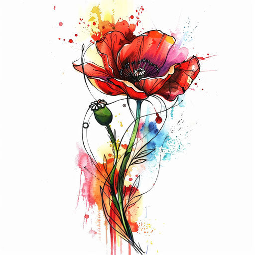 Modern poppy tattoo design with abstract elements and color splashes