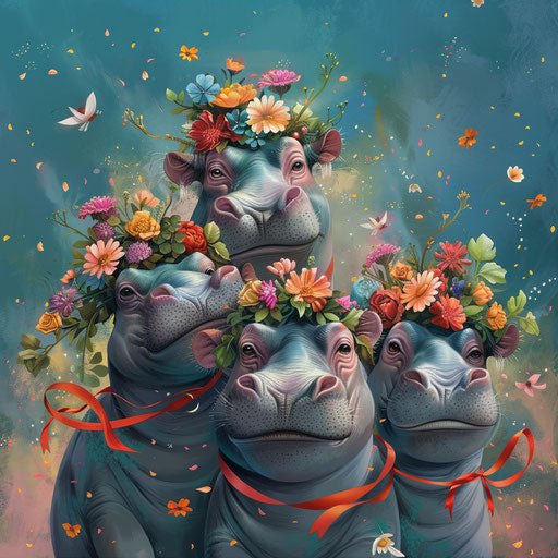 Festive scene of hippos adorned with flowers and ribbons