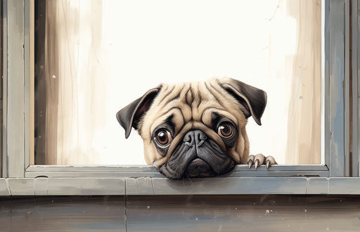 Cute dog in window, reductionist style, emotions