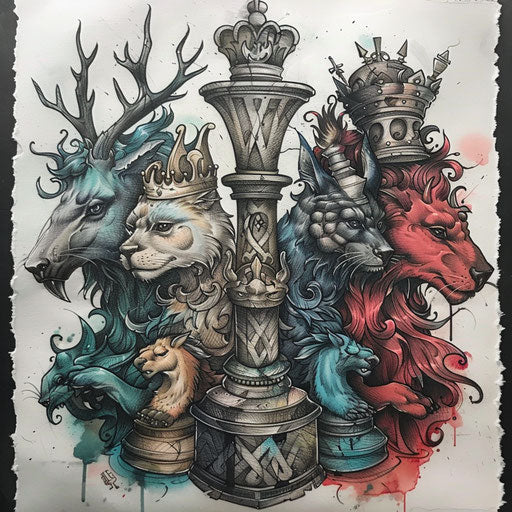 Flat tattoo sketches of mythical creatures as chess pieces