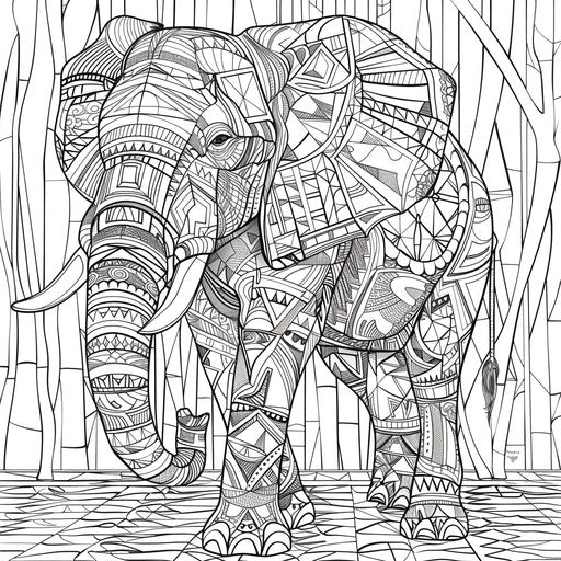 Detailed elephant with geometric patterns - Coloring book page