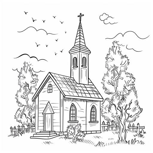Country church with steeple, coloring book page