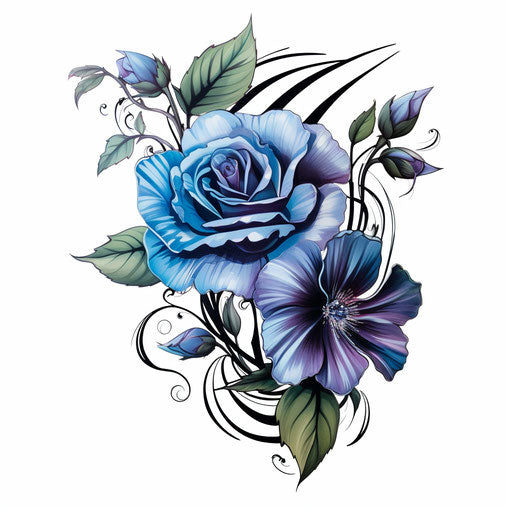 Blue flower tattoo covered with black and green stripes