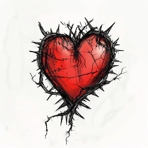 Morbid sketch of a heart with thorns in black and red