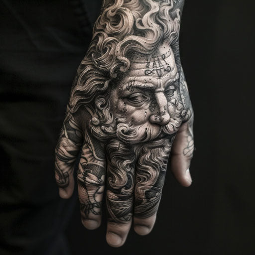 Men's hand tattoo depicting mythological gods, in the style of J.P. Targete