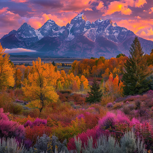 Teton mountains in autumn with colorful foliage