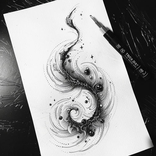 Dynamic flat tattoo sketch of a swirling galaxy design using only dots