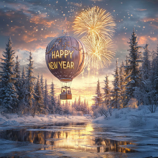 Joyful New Year over icy lake and winter forest