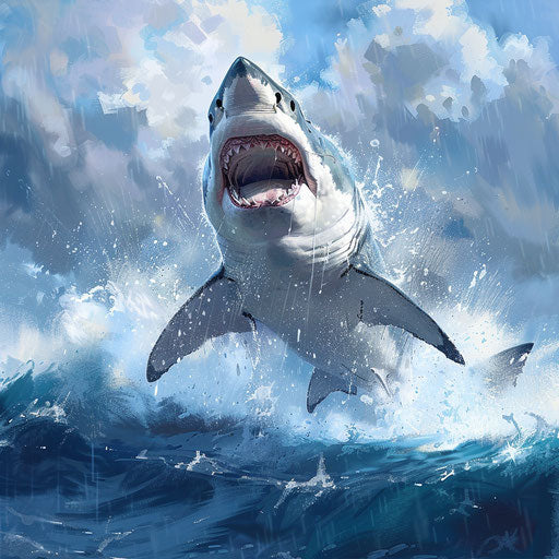 Great white shark breaching with water splashing