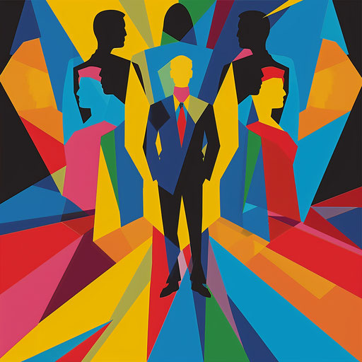 The leader and group in a bold geometric depiction