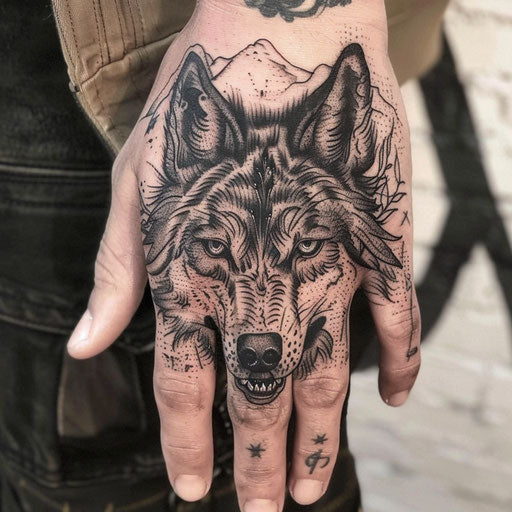 Hand tattoo designs of a wolf, in the style of David Palumbo