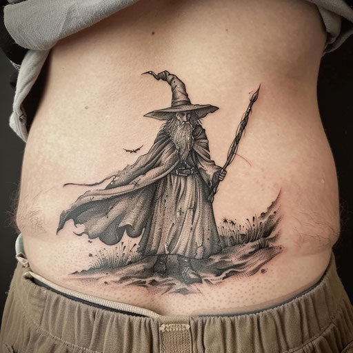 Lower back tattoo of a wizard, in the style of Peter Jackson