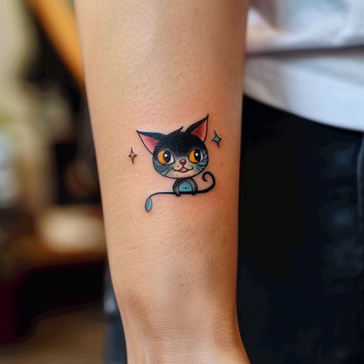 Adorable small tattoos in the style of Steve Sack with humorous cartoons