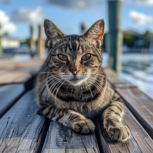 Tortoise cat lying on a dock