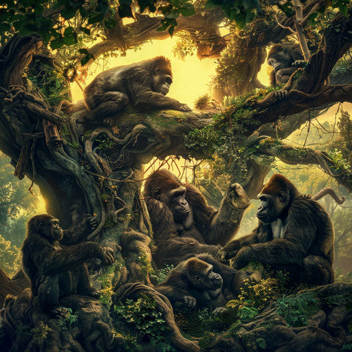 Gorillas in front of an ancient majestic tree