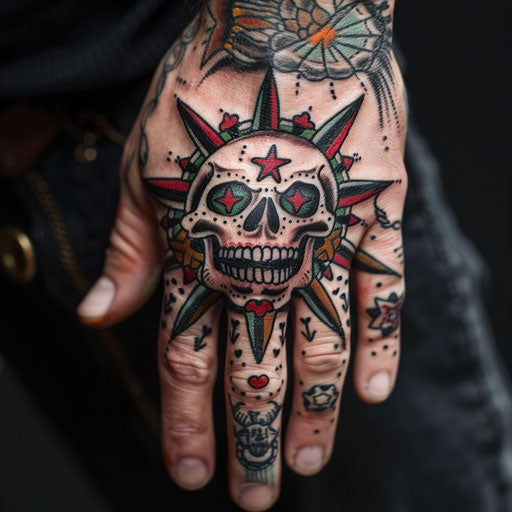 Skull hand tattoo in the style of Sailor Jerry with nautical star motifs