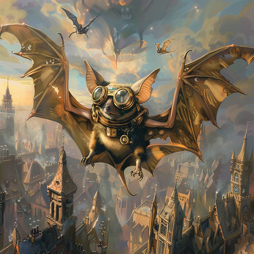 Steampunk bat flying above a Victorian city