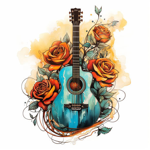 Guitar on rose background, tattoo style, turquoise and amber