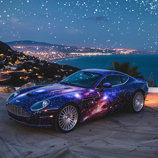 Space-themed Aston Martin with galaxy wrap parked at night