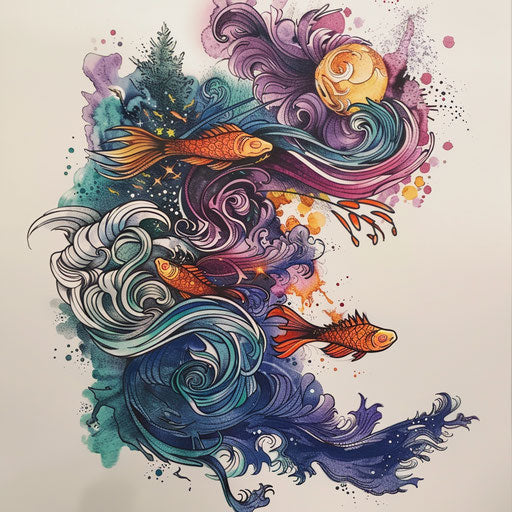 Stylized tattoo sketch of a riverside with swirling winds and vibrant fish