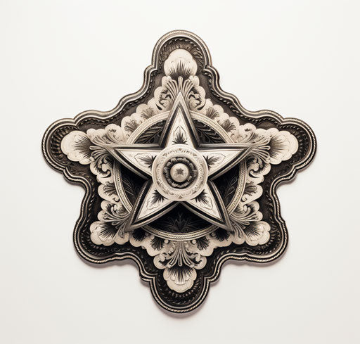 Brown sheriff badge on white background, intricate black and white style