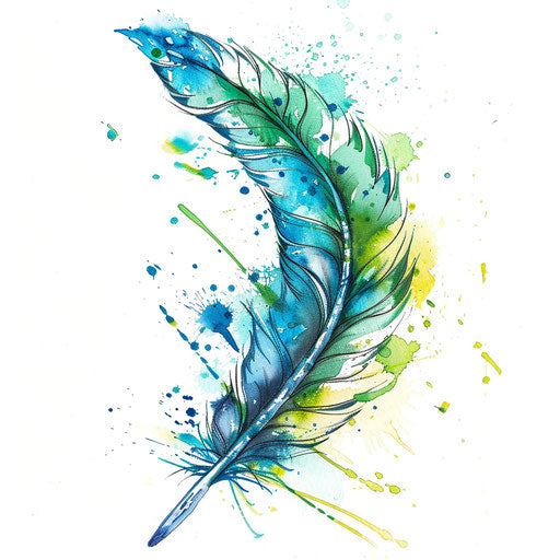 Vibrant watercolor feather tattoo design with blue and green splashes