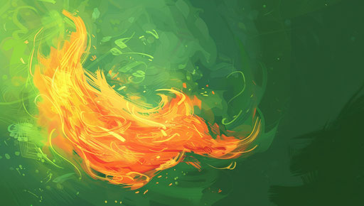 Flame on green background saying fire, vibrant cartoonish style