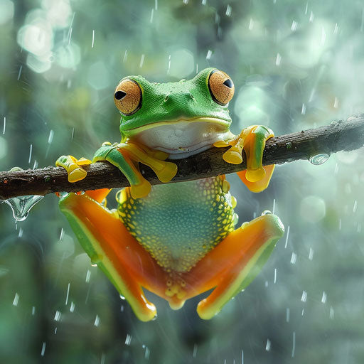 Tree frog on a branch in misty rainforest morning