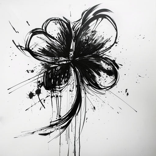 Abstract expressionist tattoo sketch of black clover with bold ink splatters