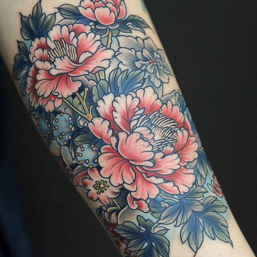 Traditional Korean floral motifs tattoo, peonies and cherry blossoms on white background