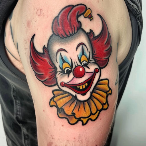 A cartoonish clown tattoo, bright and cheerful, perfectly contrasted against a white background.