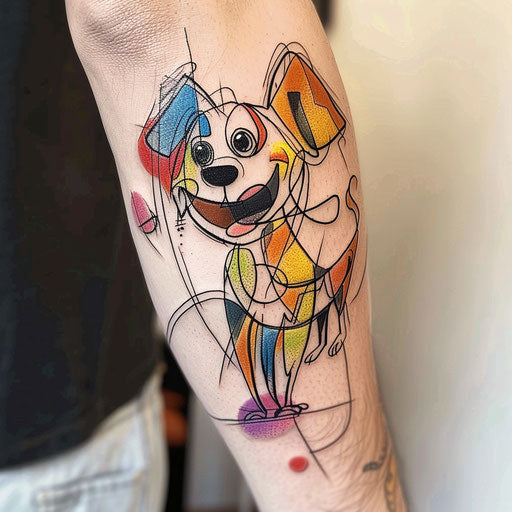 Sketch of cartoon dog playing with tail, bright colors