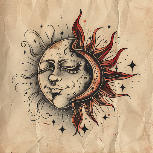 Iconic sketch of a sun and moon with classic tattoo elements, red and black palette