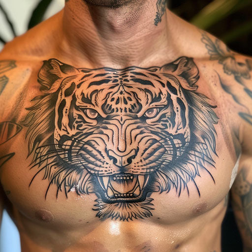Fierce tiger head chest tattoo for men, in the style of Ami James