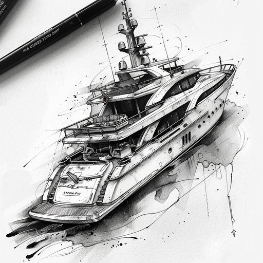 Elegant stippling tattoo sketch of a luxury yacht
