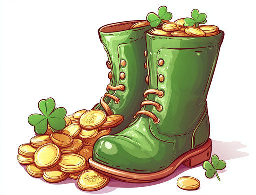 Clover, pot of gold, and green leather boot on white background