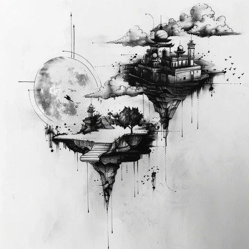 Dynamic flat tattoo sketch of a surreal dreamscape with floating islands