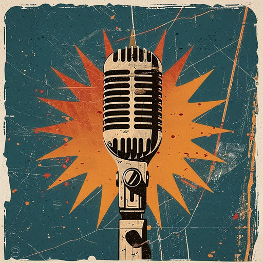Vintage podcast badge with retro color palette and textured background