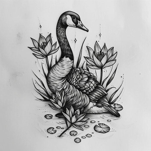Elegant flat tattoo sketch of a goose surrounded by cattails and water lilies