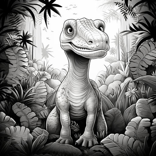 Cartoon dinosaur standing in the jungle, light black and white style, rtx on, captivating