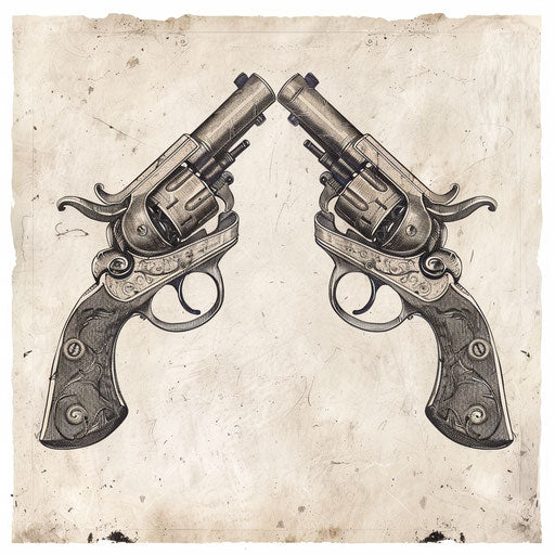 Tattoo design showcasing a dueling pistol set from the 18th century, detailed in vintage style, on an aged white paper background.